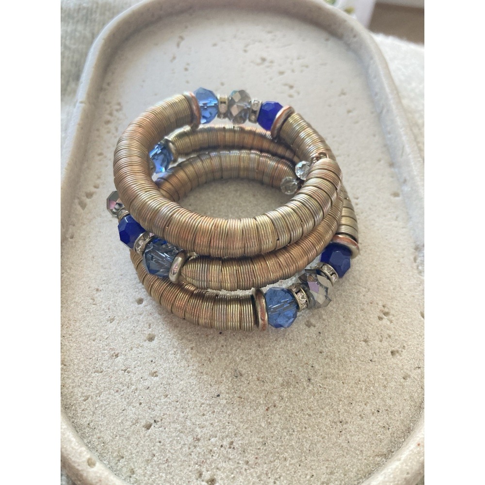 Multi Wrap Coil Bracelet Gold Tone Blue Smoky Crystal Beads Stretch Wire Chunky‎